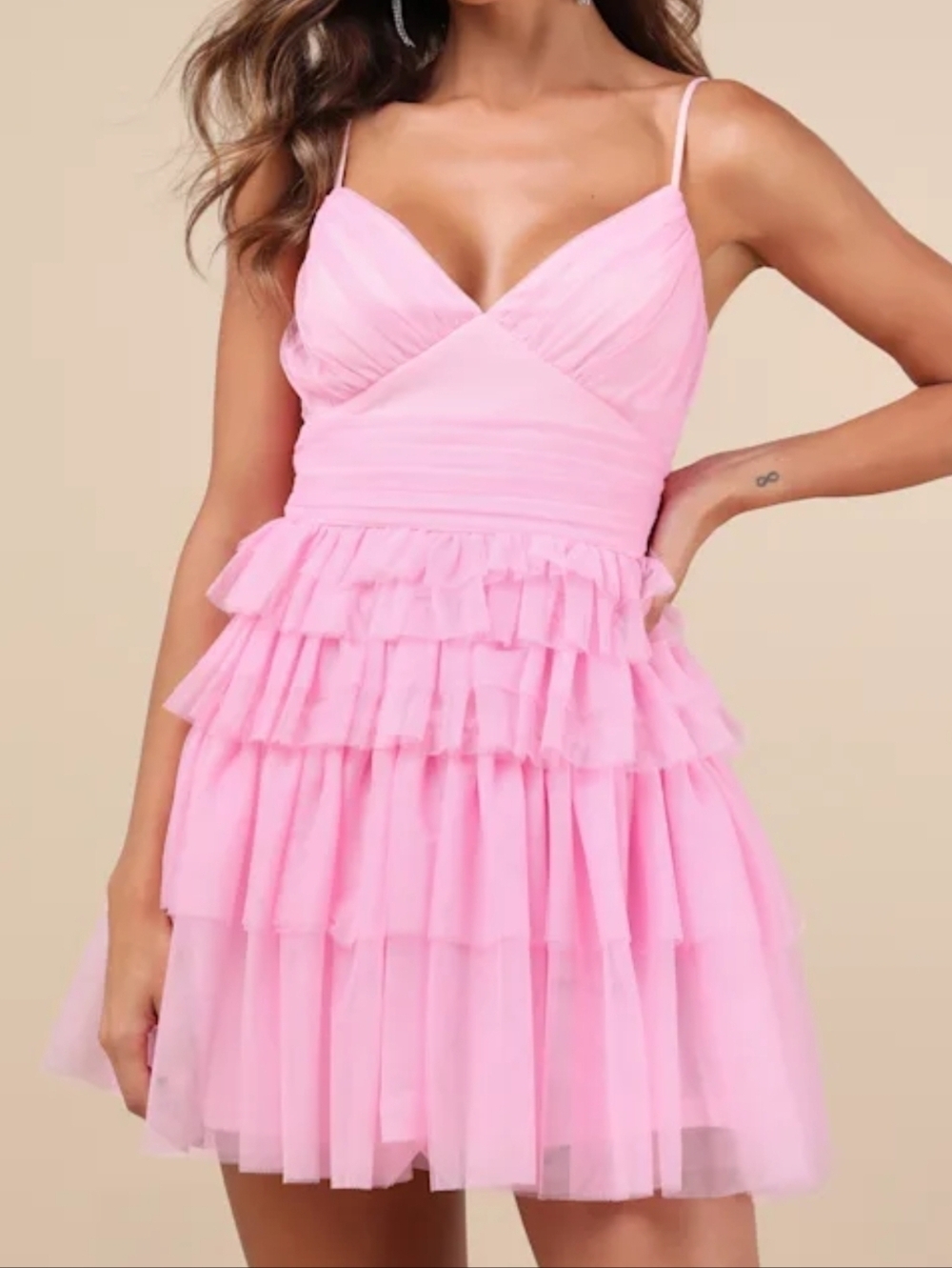 Luus Special Poise Pink Tulle Pleated Sleeveless Tiered Mini Dress, Size XXL